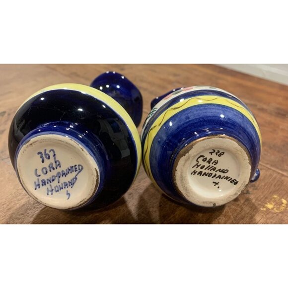 Vtg Cora Handpainted Ceramic Creamer & Sugar Bowl Set Blue & Yellow Floral - Picture 6 of 6